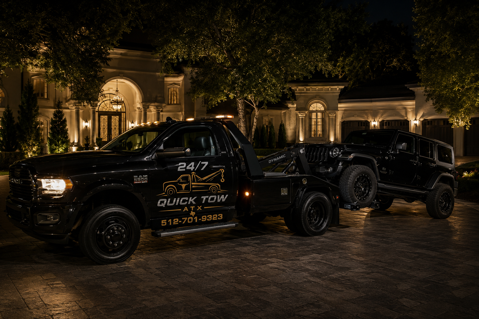 24/7 Quick Tow ATX tow truck loaded with a vehicle in the Austin, Texas area